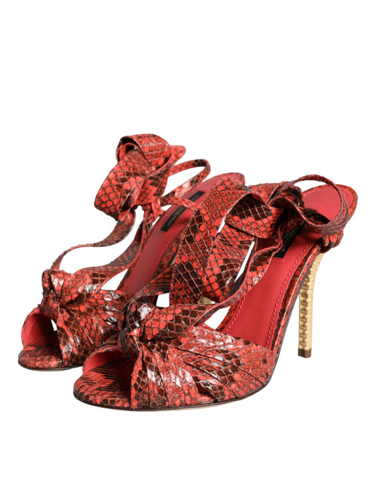Red high heel shoes with ruffles and straps