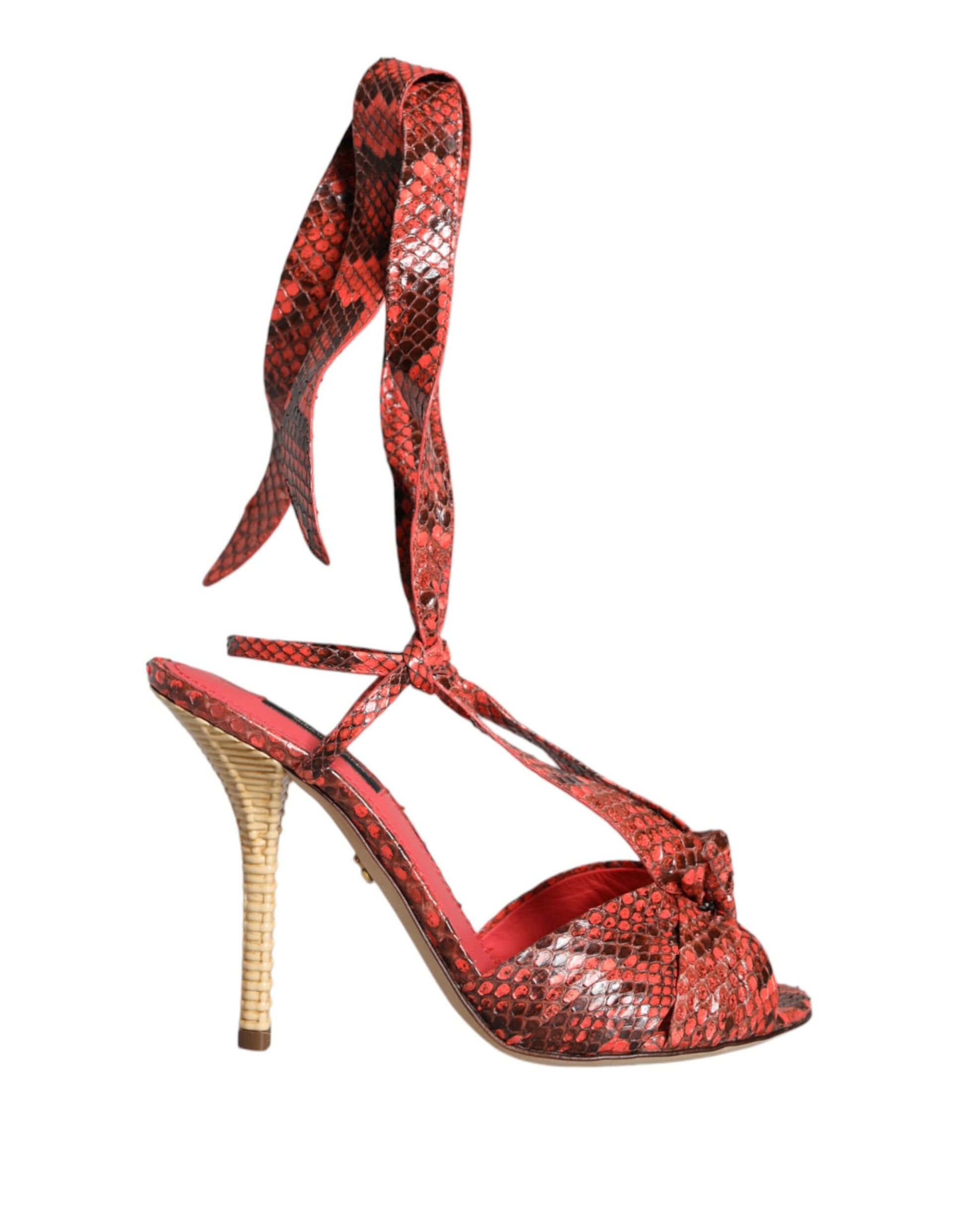 High heel shoe with red snake print design