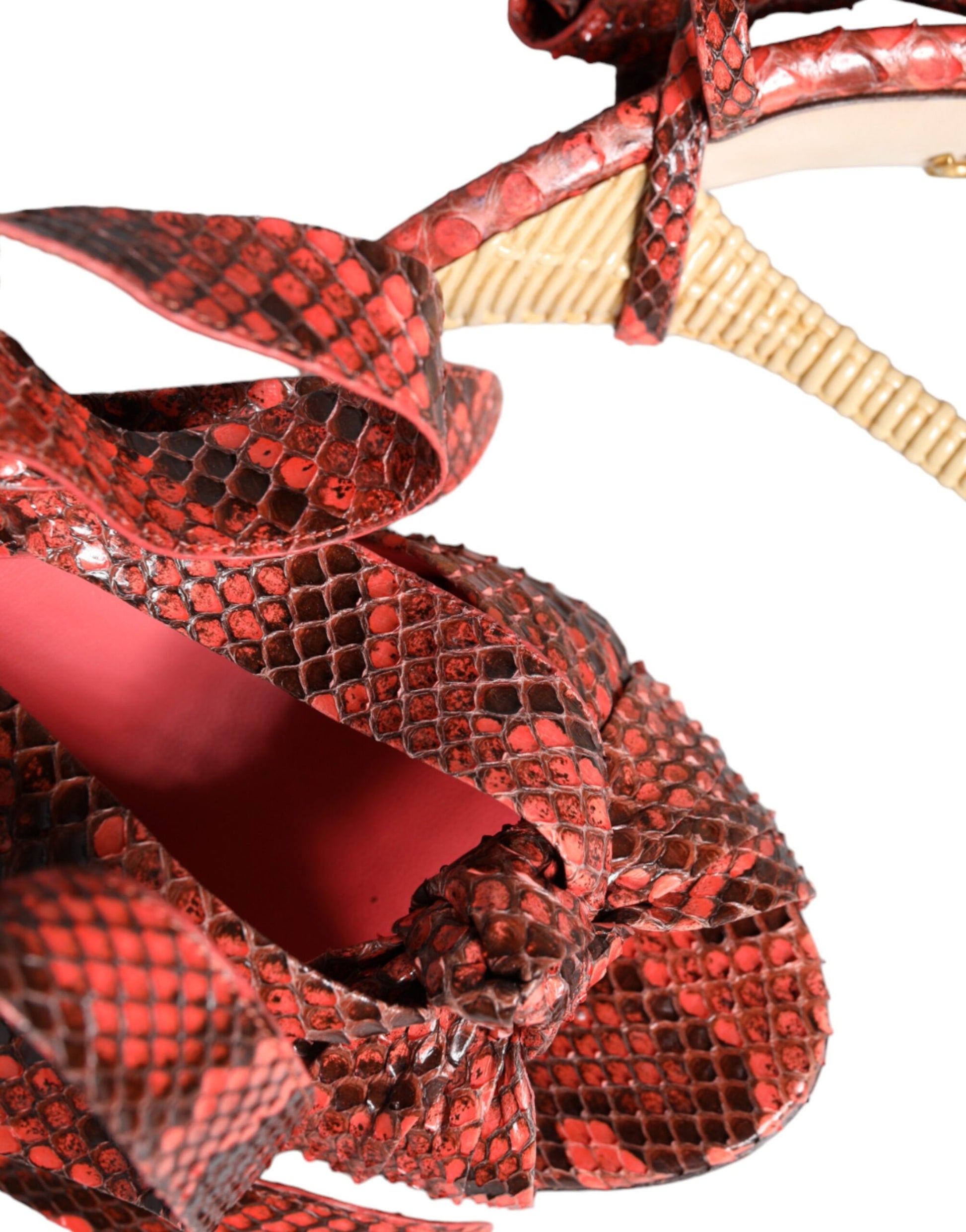 Red high heel shoe with snake skin texture