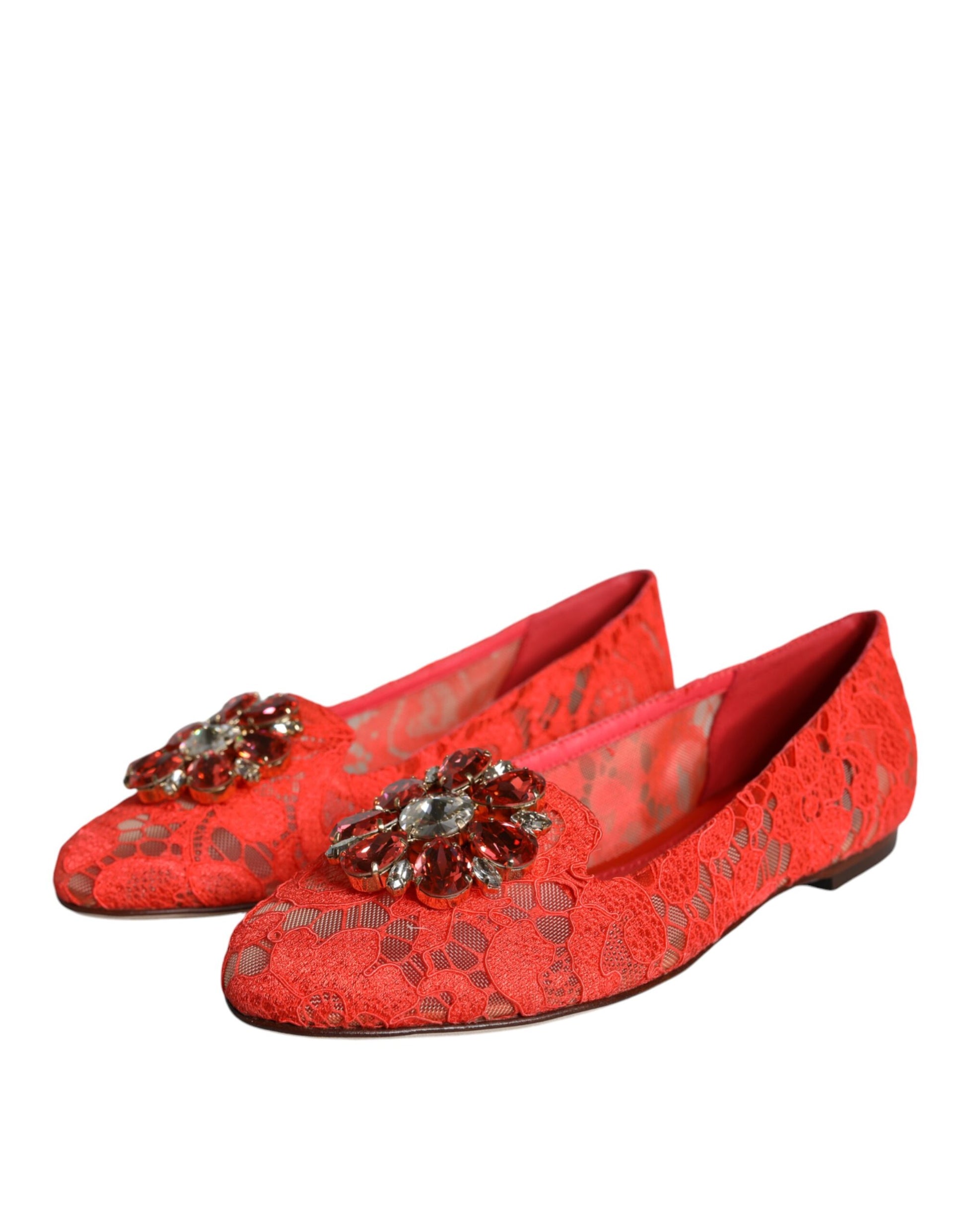 Red lace shoes with embellished heels
