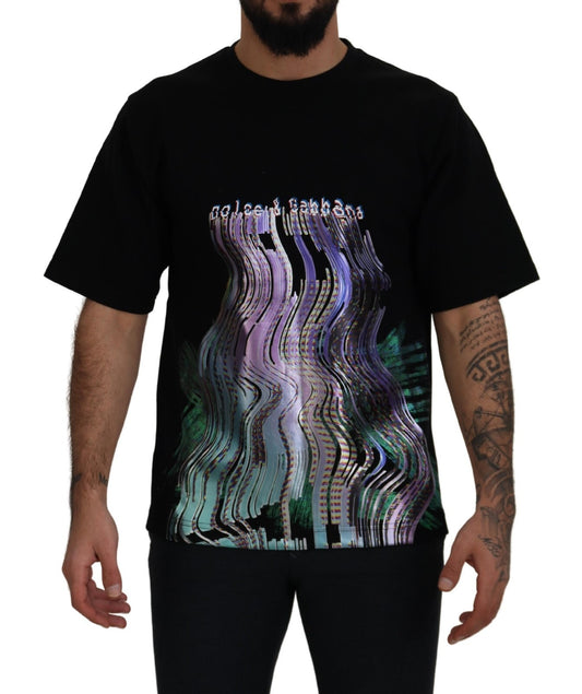 Man wearing black t-shirt with colorful graphic design