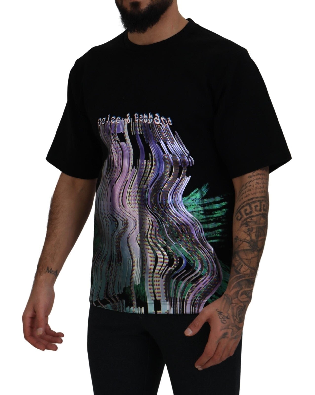 Man wearing black t-shirt with colorful graphic design