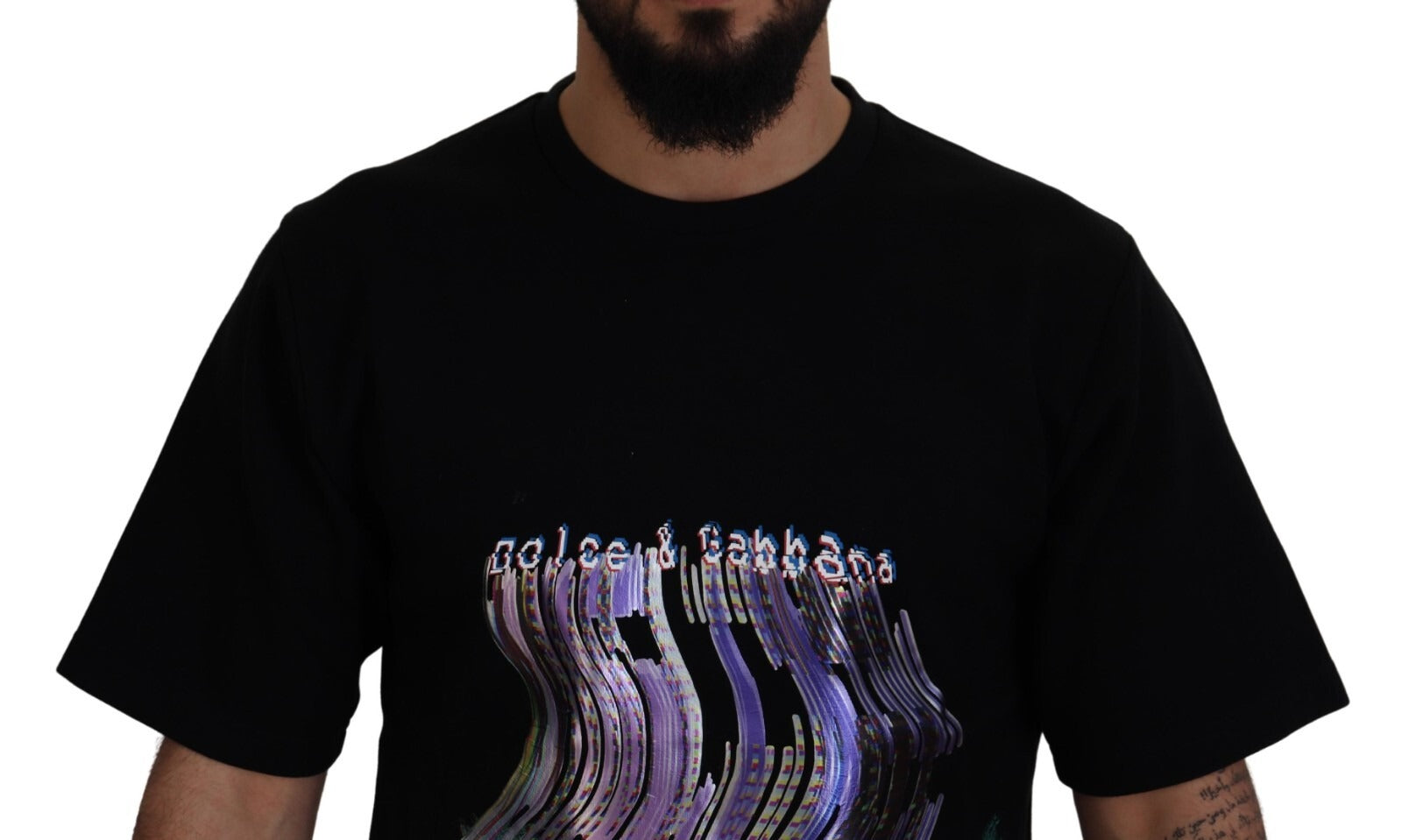 Black t-shirt with colorful graphic design on front