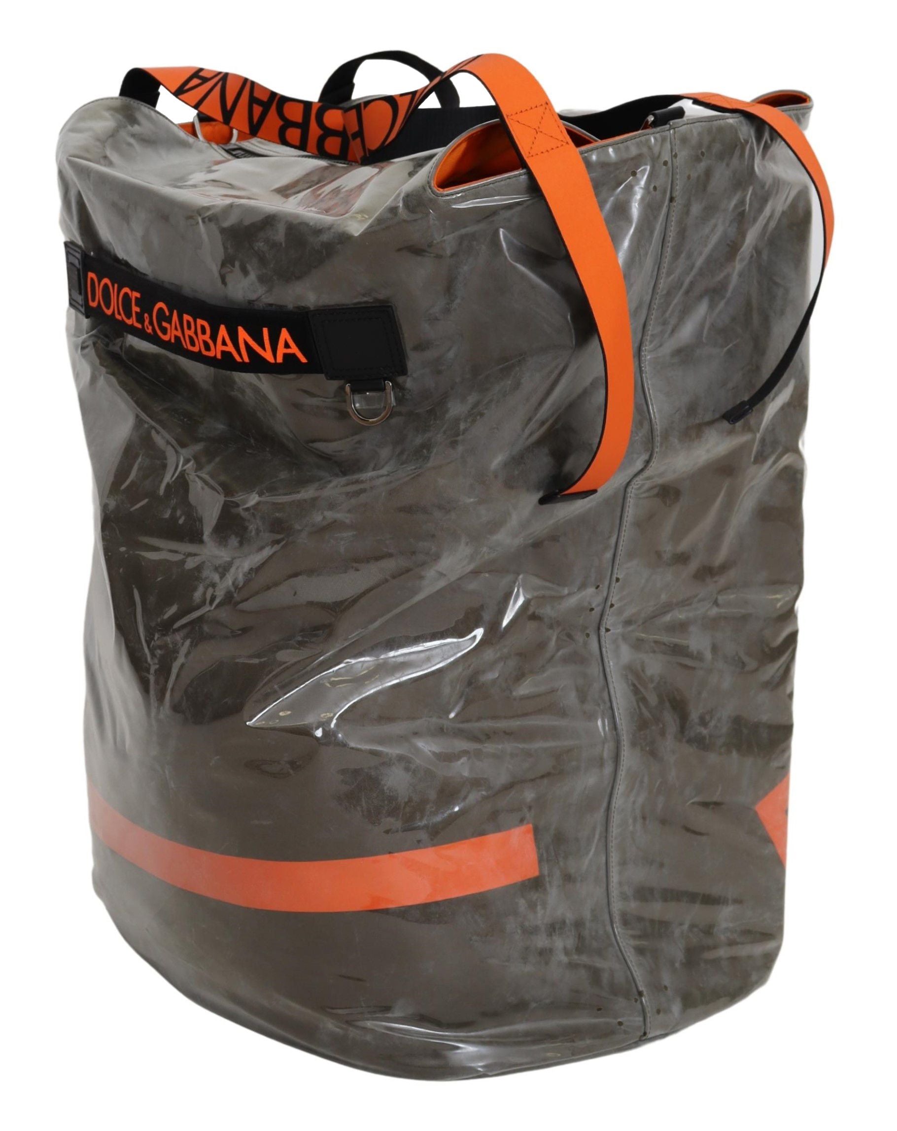 Large gray duffel bag with orange trim
