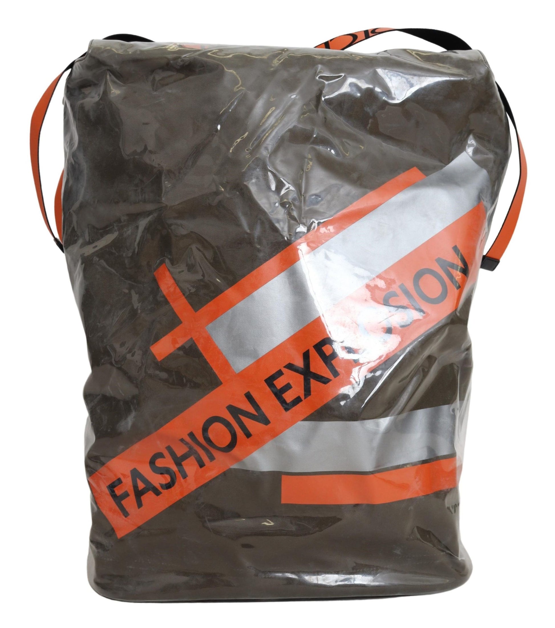 Brown bag with red stripe and white lettering