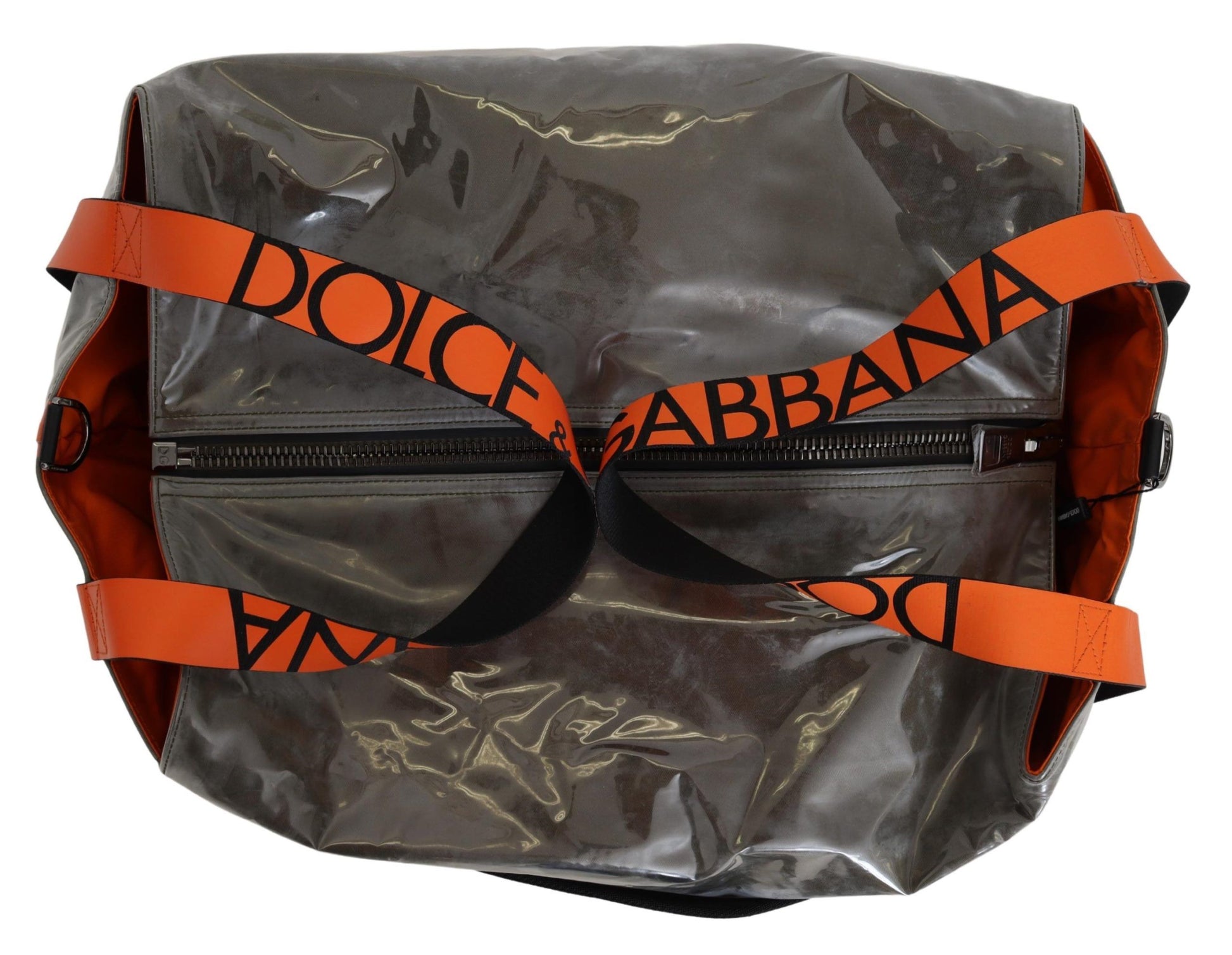Brown bag with red straps and orange buckles