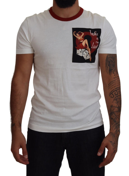 Man wearing white t-shirt with graphic design on front