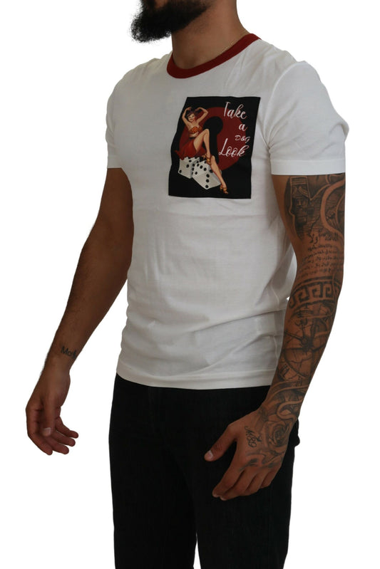 Man wearing white t-shirt with graphic design on front
