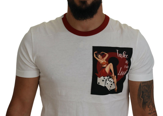 Man wearing white t-shirt with graphic design on front