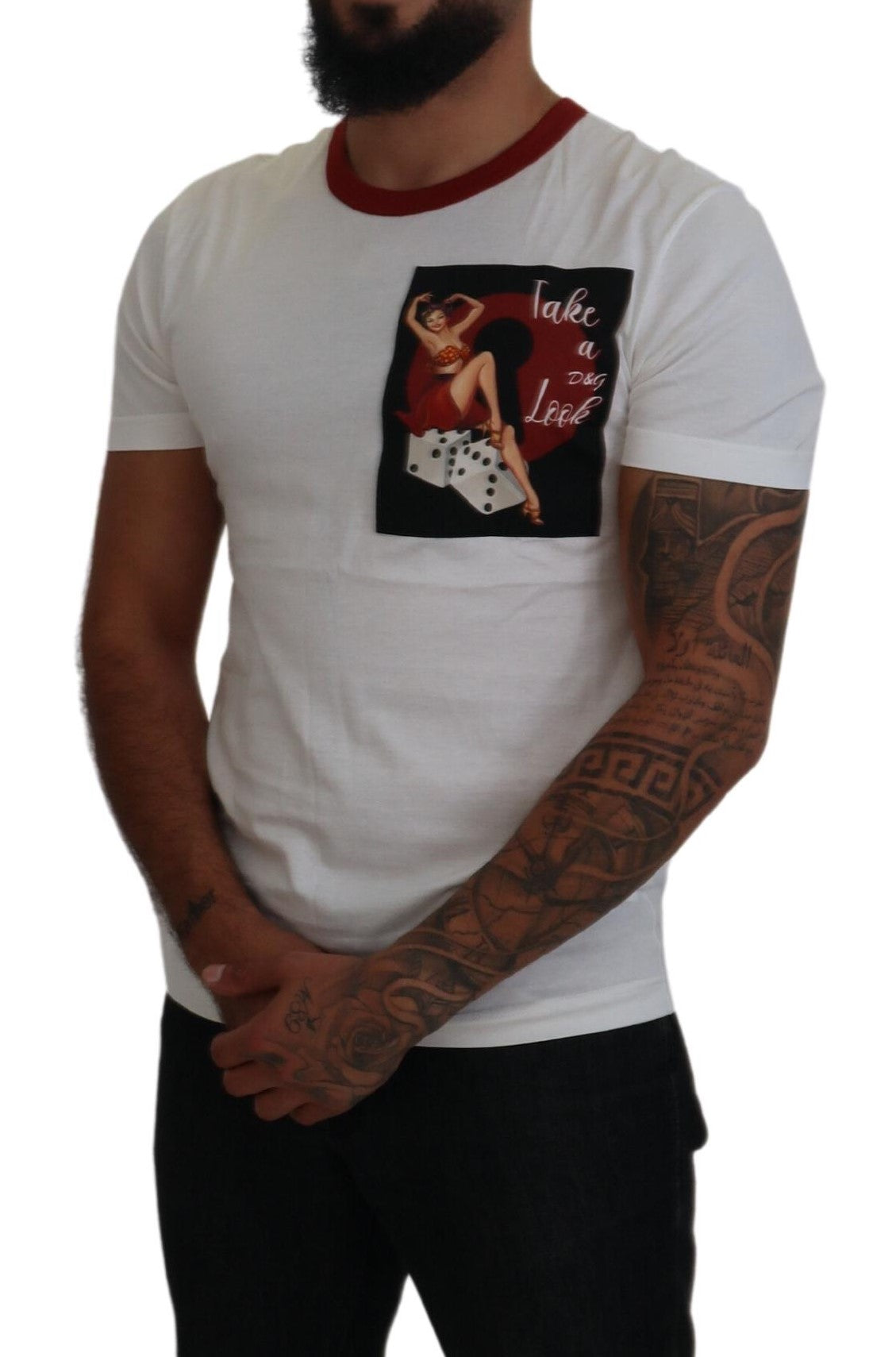 Man wearing white t-shirt with graphic design on front