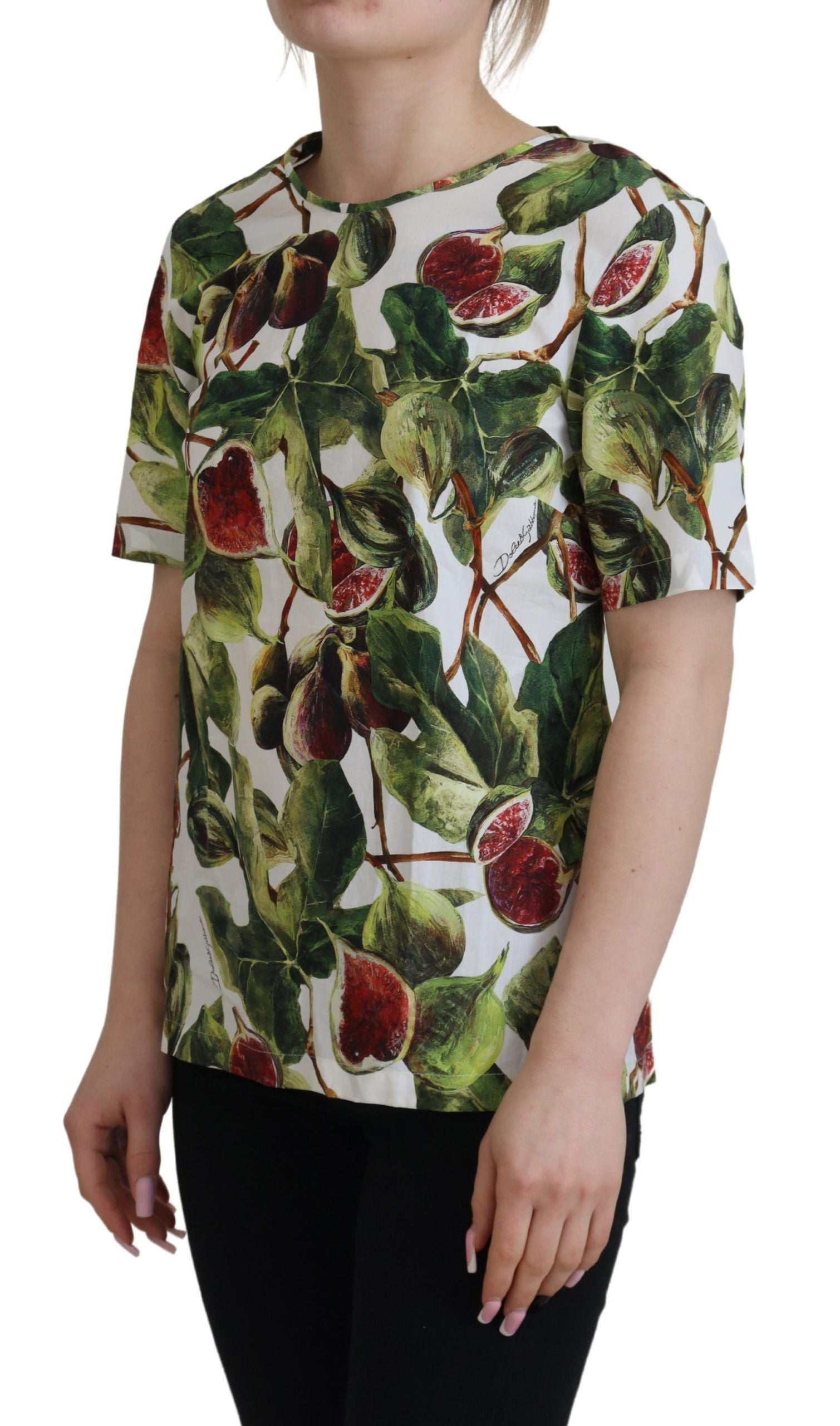 Woman wearing a short sleeve shirt with fruit print