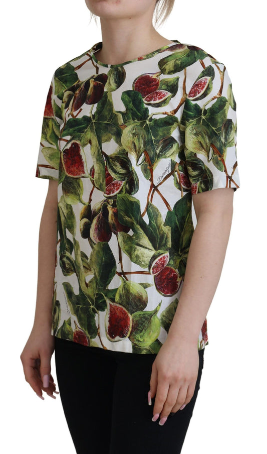 Woman wearing a short sleeve shirt with fruit print