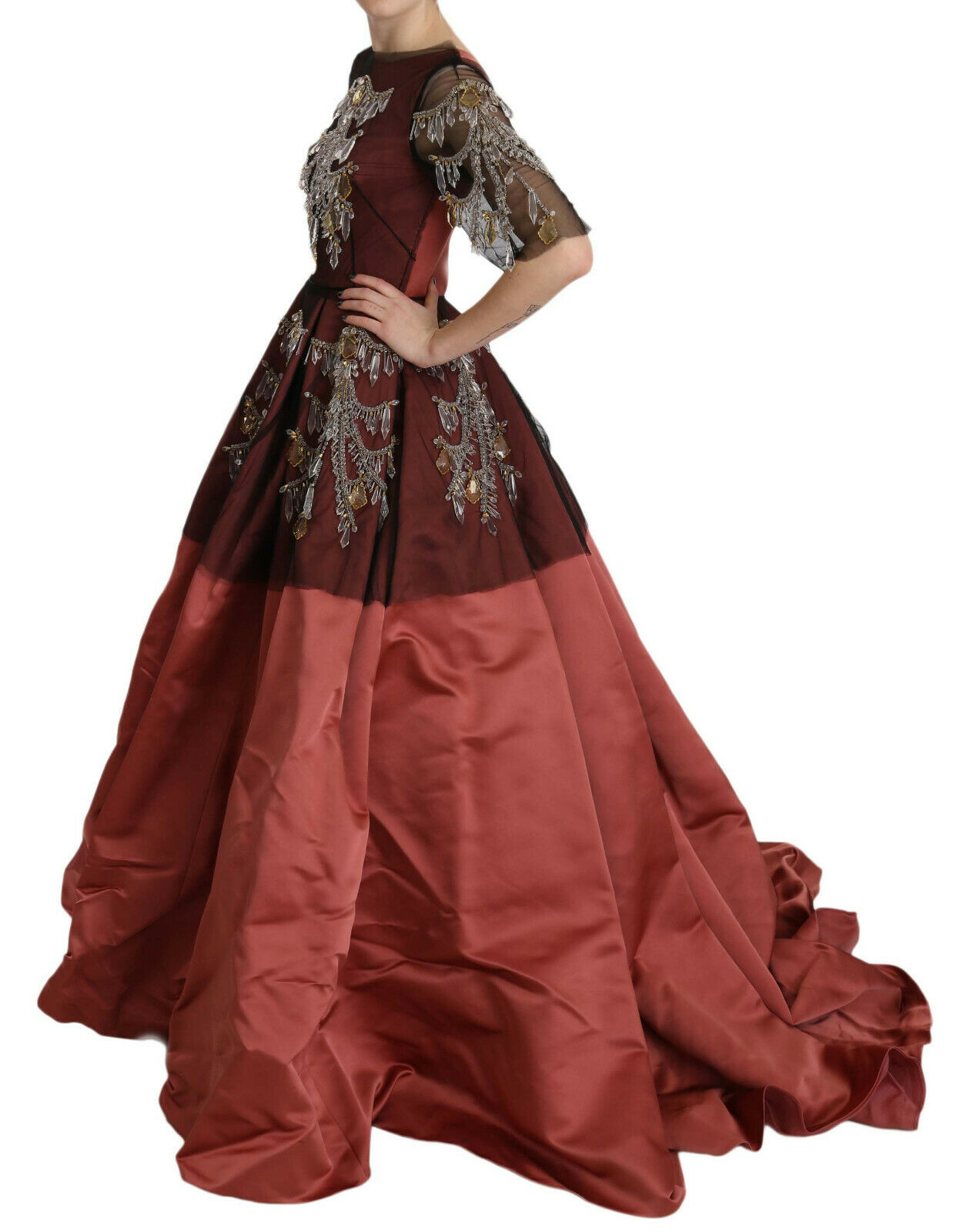 Red chandelier dress with crystals and lace detailing
