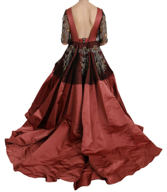 A red chandelier silk princess gown dress with crystal embellishments