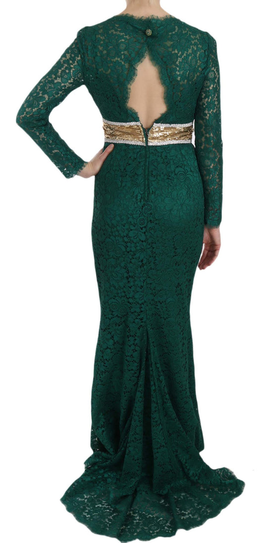 Green lace sheath dress with gold belt and crystals, from the brand Dolce & Gabbana