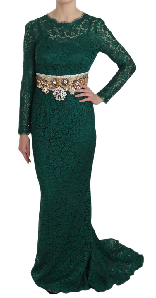 A green lace sheath dress with a gold belt and crystals, designed by Dolce & Gabbana