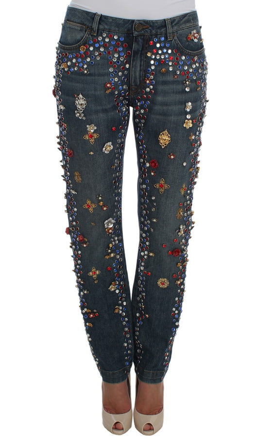 Pair of jeans with embellishments on legs and waistband