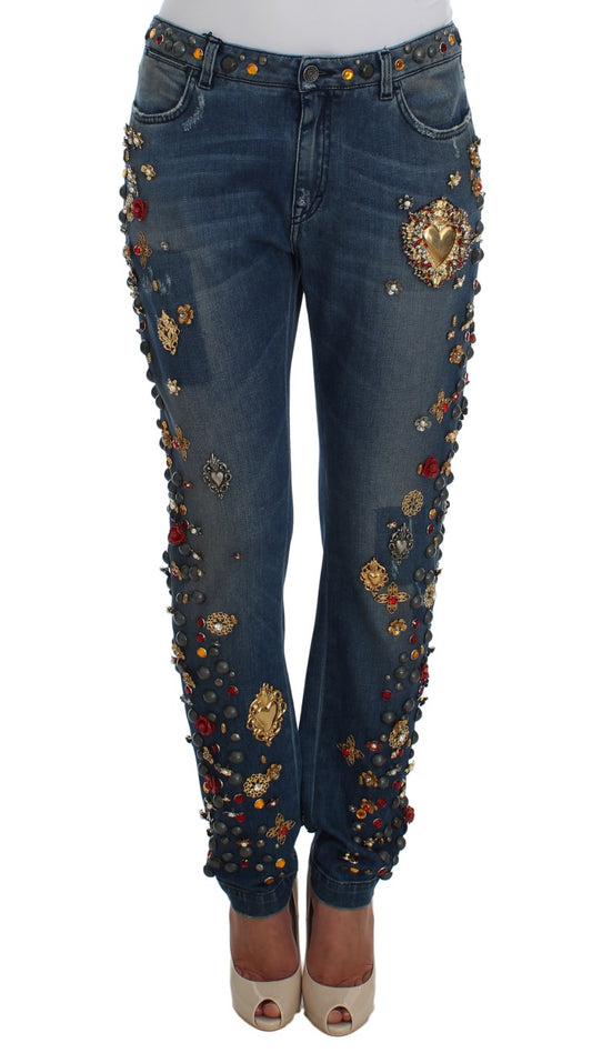 Pair of jeans with embellishments on legs and waistband