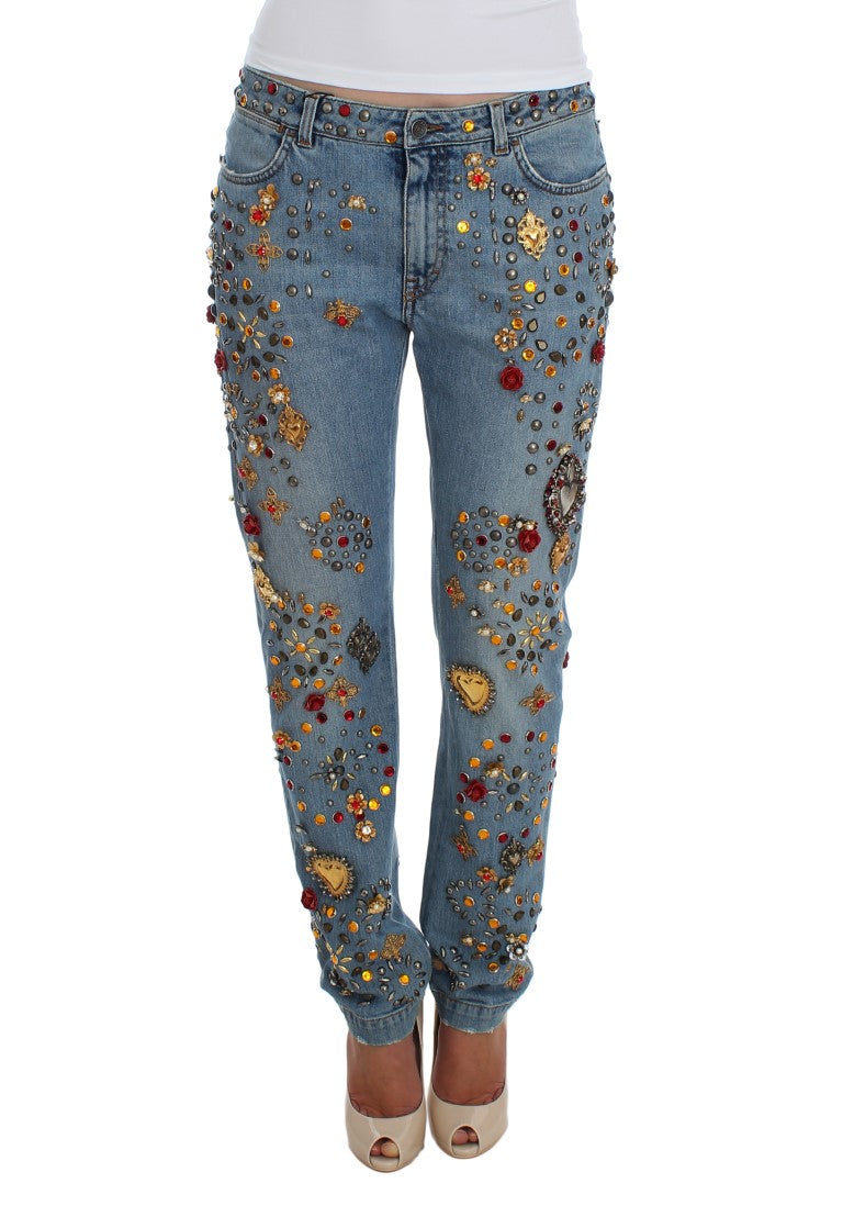 Pair of jeans with embroidered flowers and beads on legs