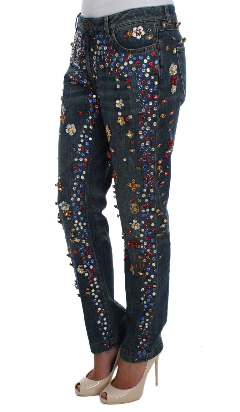 Woman wearing denim jeans with sequins and rhinestones
