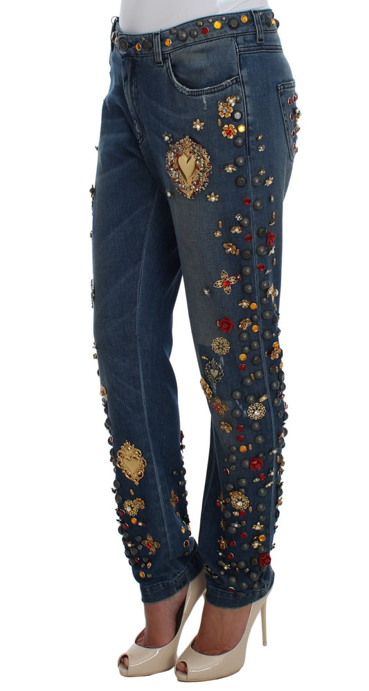 Pair of jeans with embroidered designs on legs and waistband