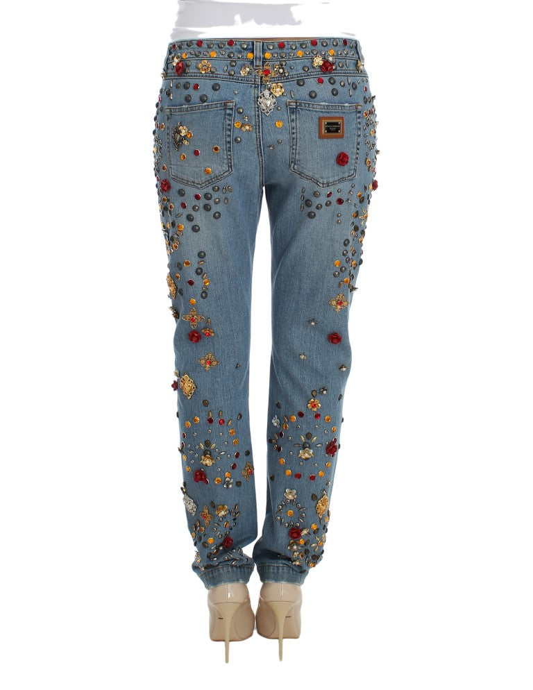 Pair of jeans with floral embroidery and sequins on legs