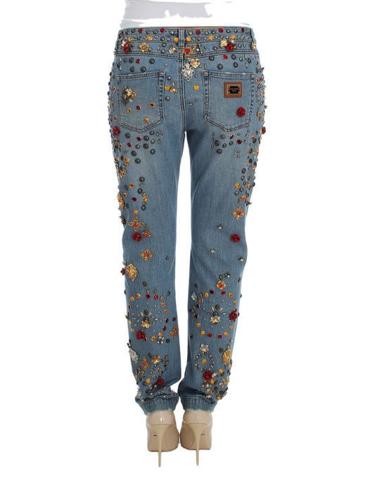 Pair of jeans with floral embroidery and sequins on legs