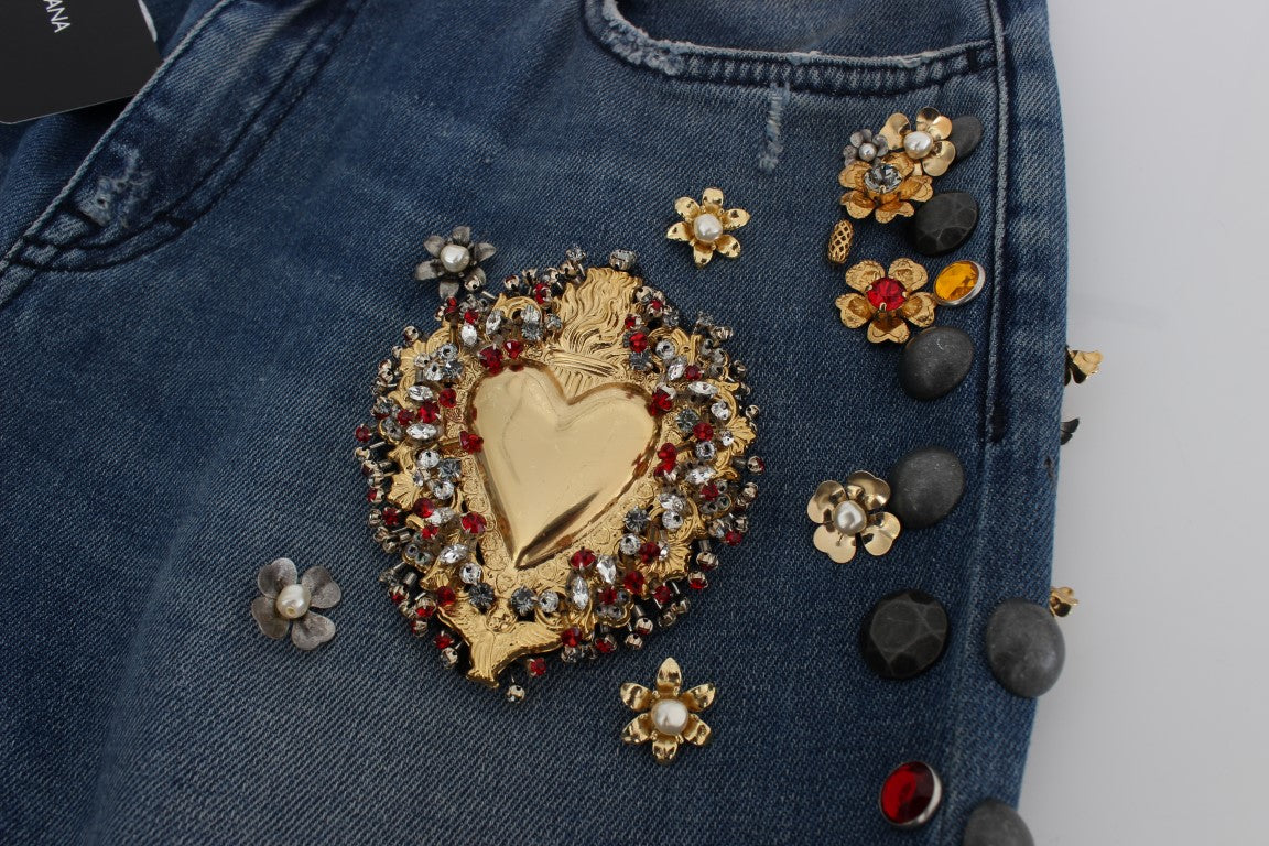 Decorative embellishments on denim jeans