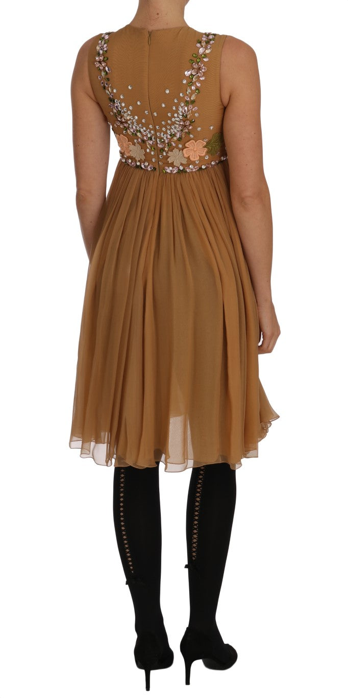 Brown dress with ruffles, gold sequins and crystals on bodice