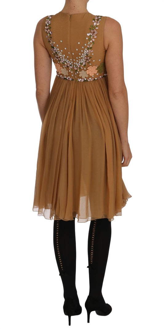 Brown dress with ruffles, gold sequins and crystals on bodice