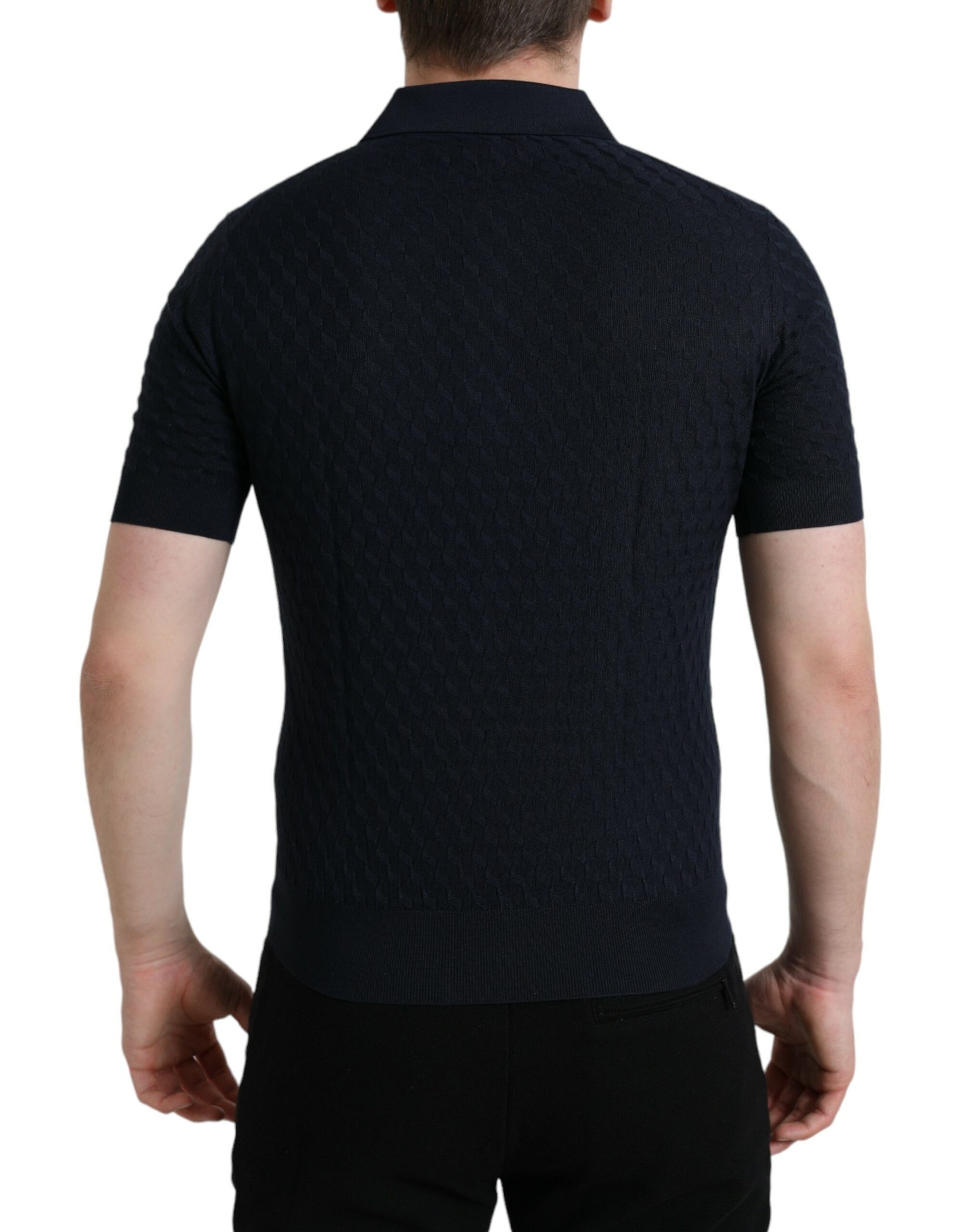 Navy blue polo shirt with horizontal stripes on back