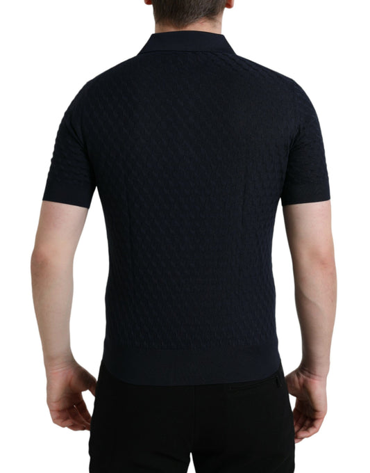 Navy blue polo shirt with horizontal stripes on back