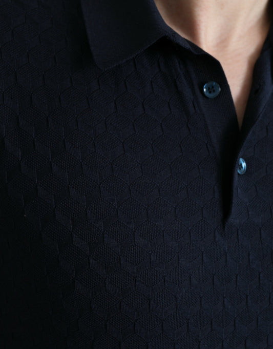 Blue polo shirt with a patterned texture