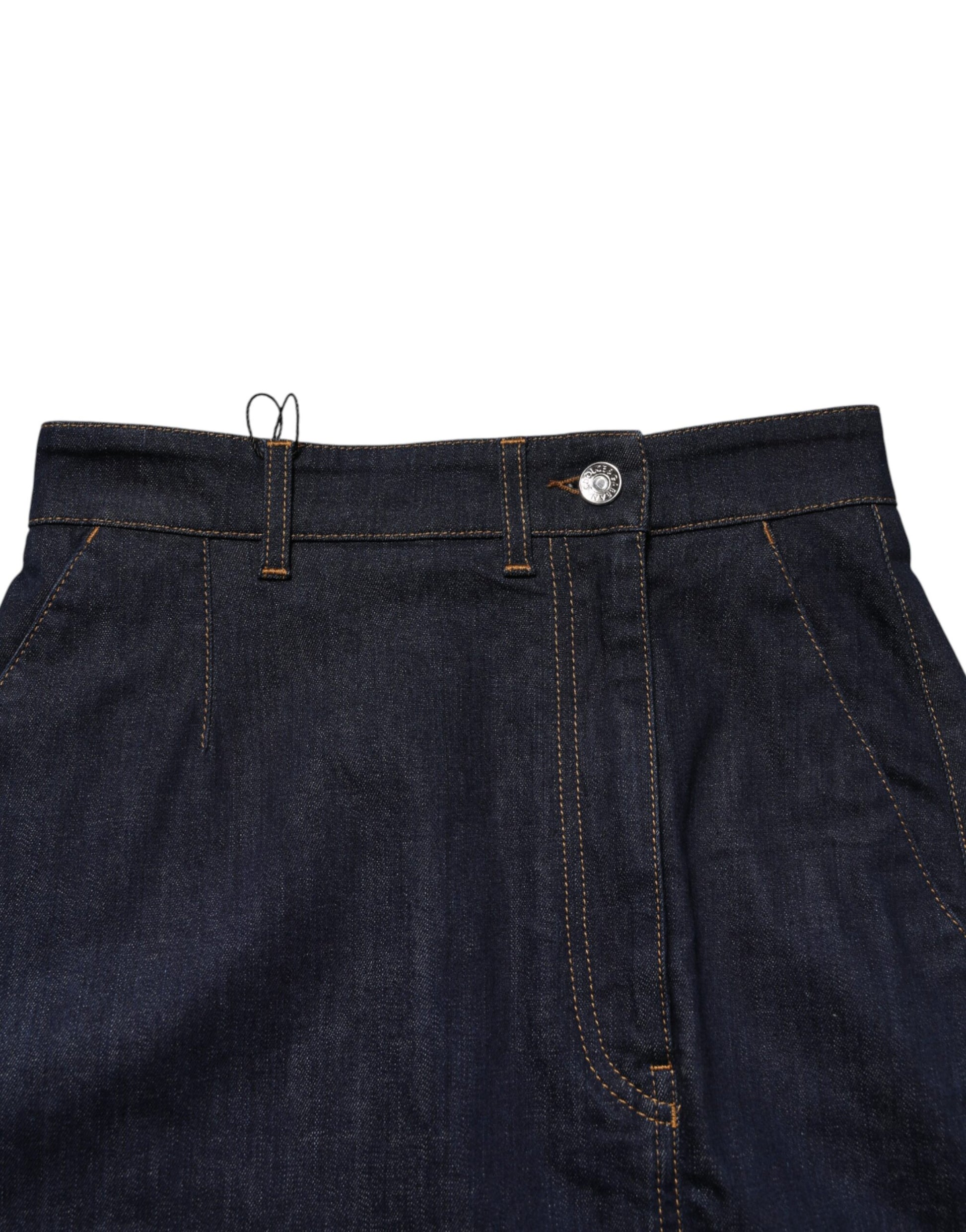 Pair of blue jeans with button closure