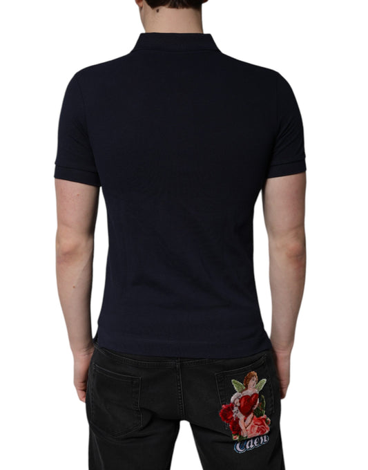 Navy polo shirt with embroidered logo on back