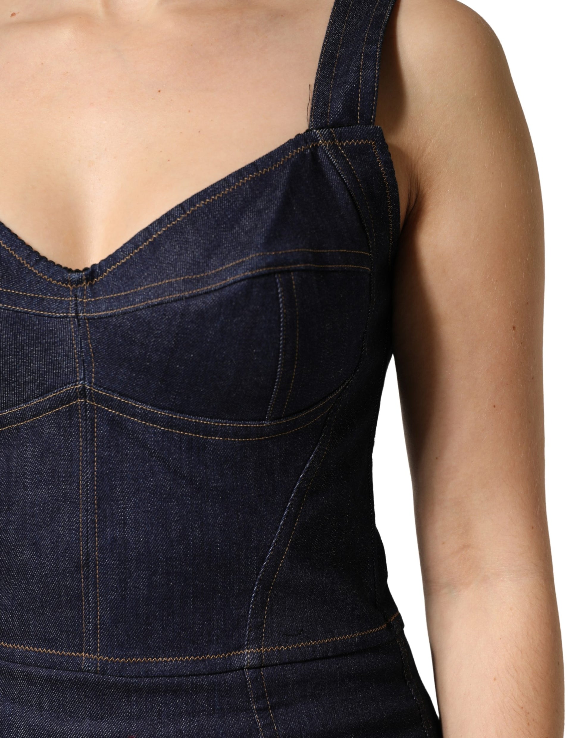 A dark blue denim sheath midi dress with a fitted waist and short sleeves