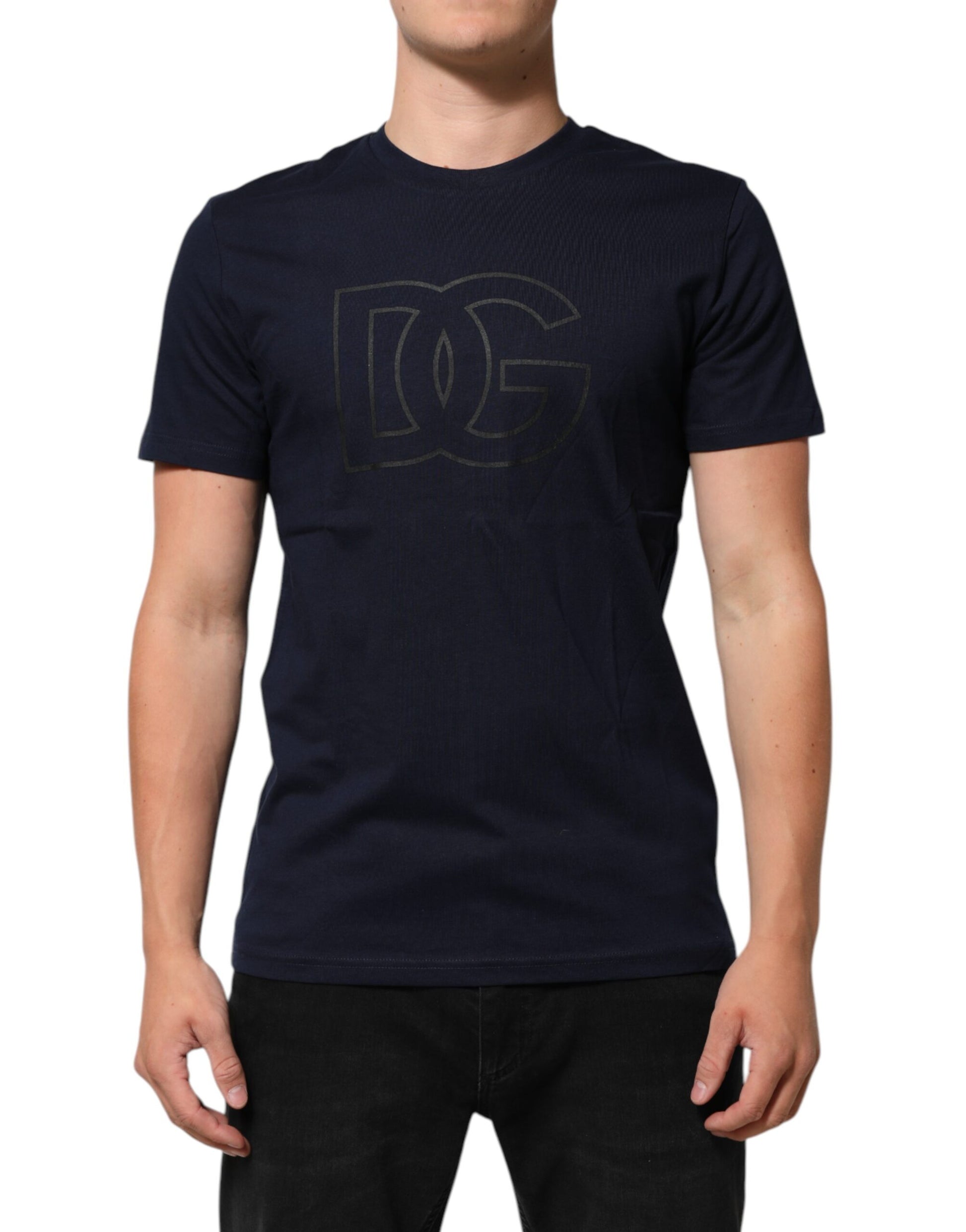 A dark blue men's t-shirt with a logo print
