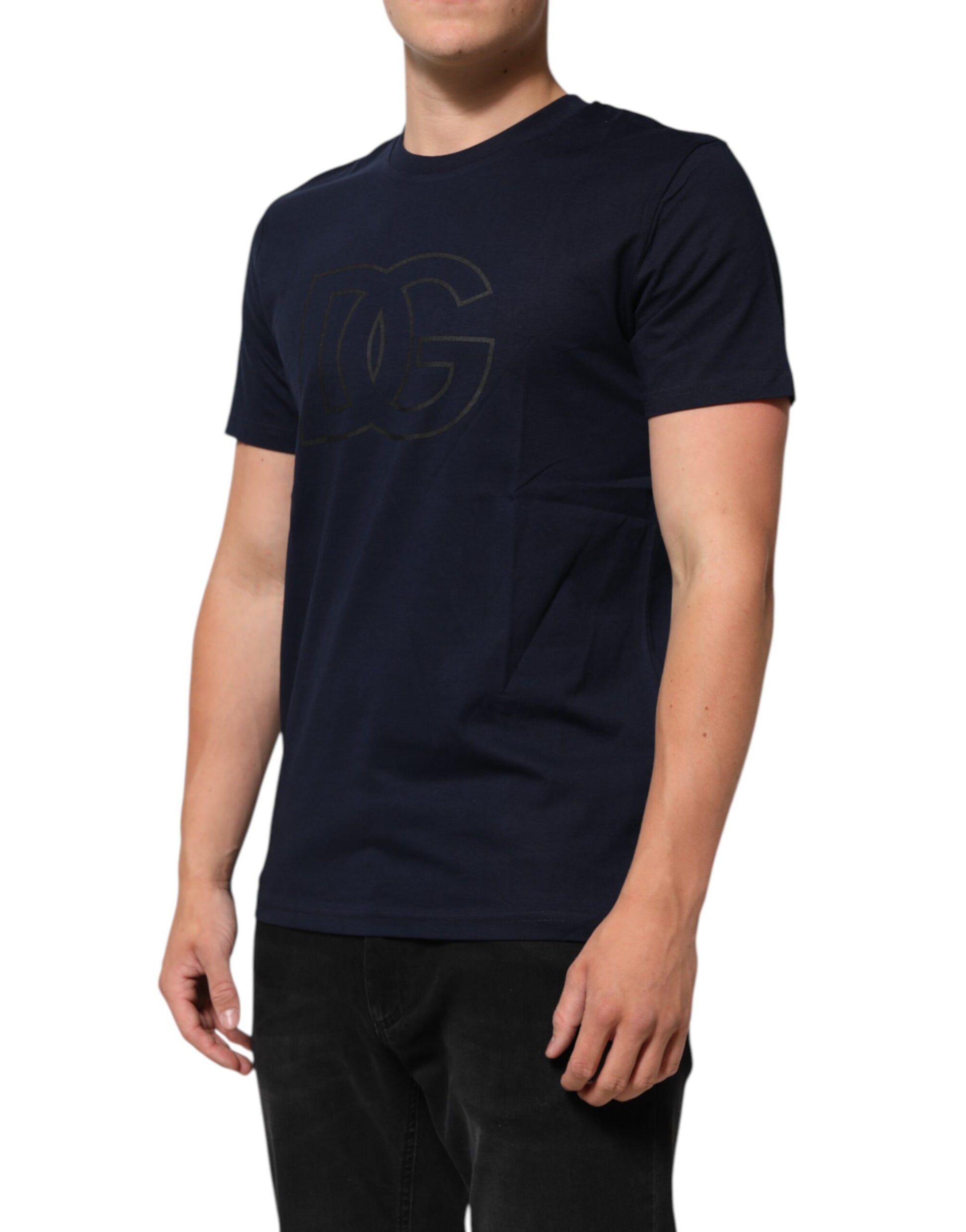 A dark blue men's t-shirt with a logo print