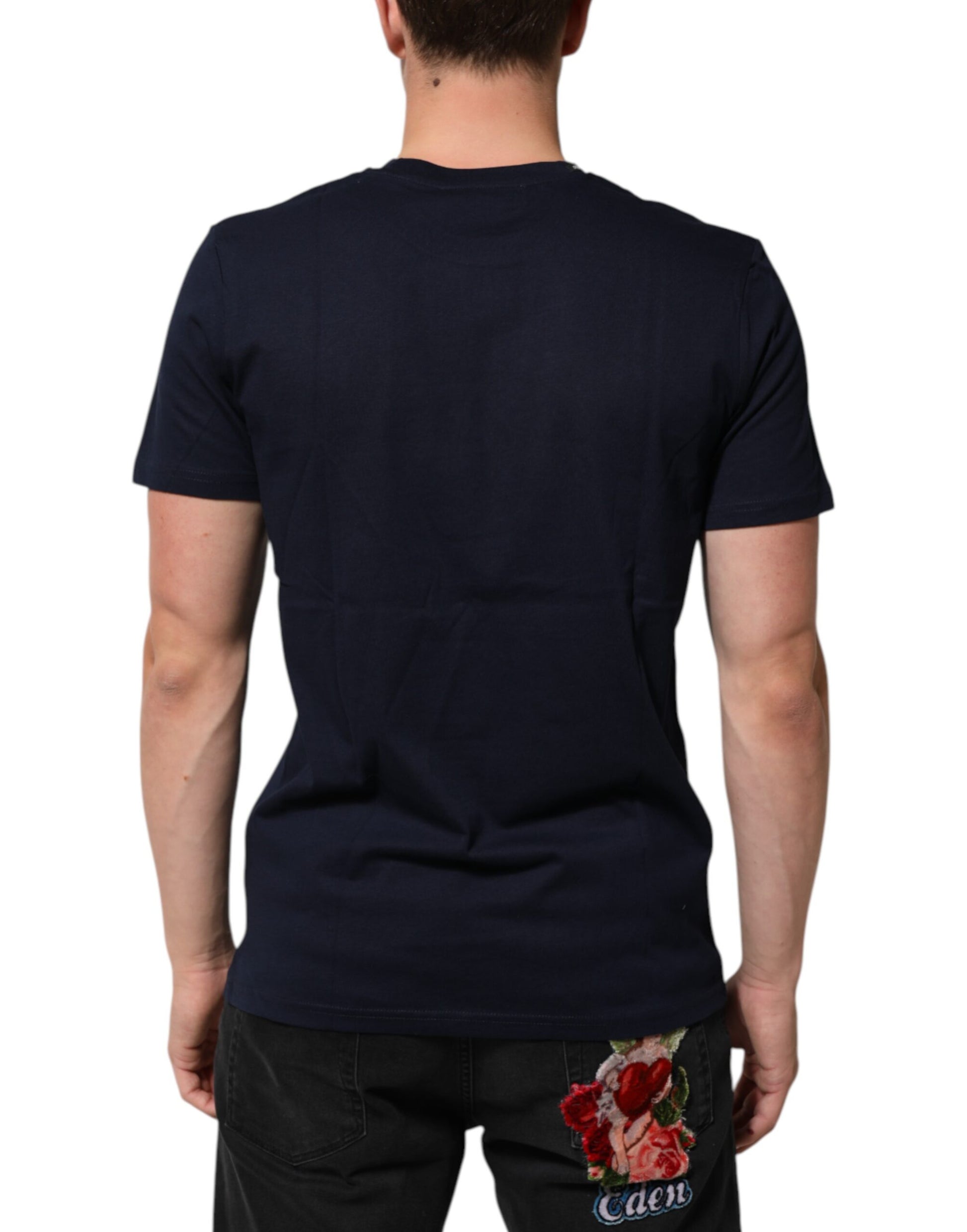 A dark blue men's t-shirt with a logo print