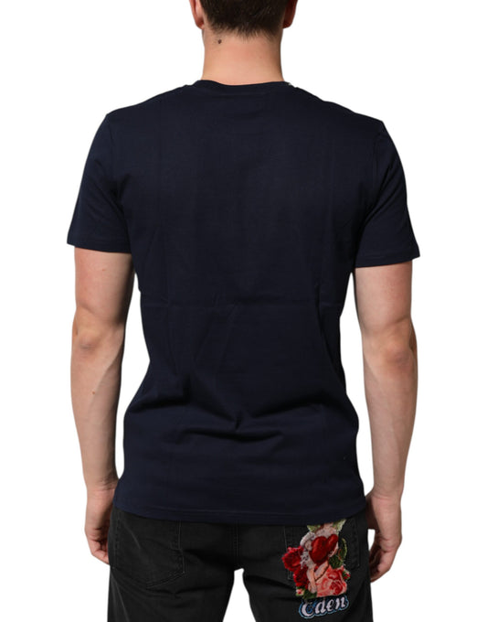 A dark blue men's t-shirt with a logo print