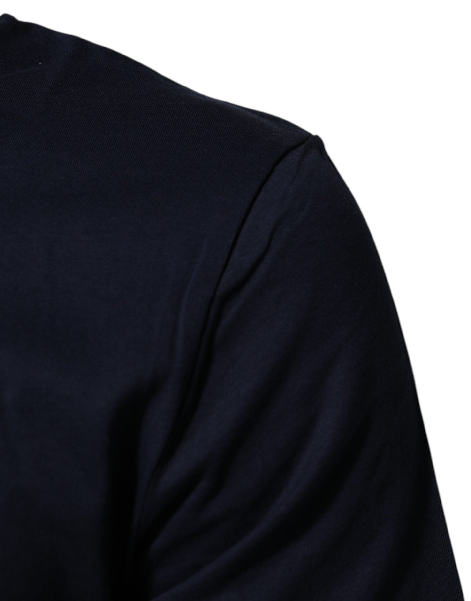 A dark blue men's t-shirt with a logo print