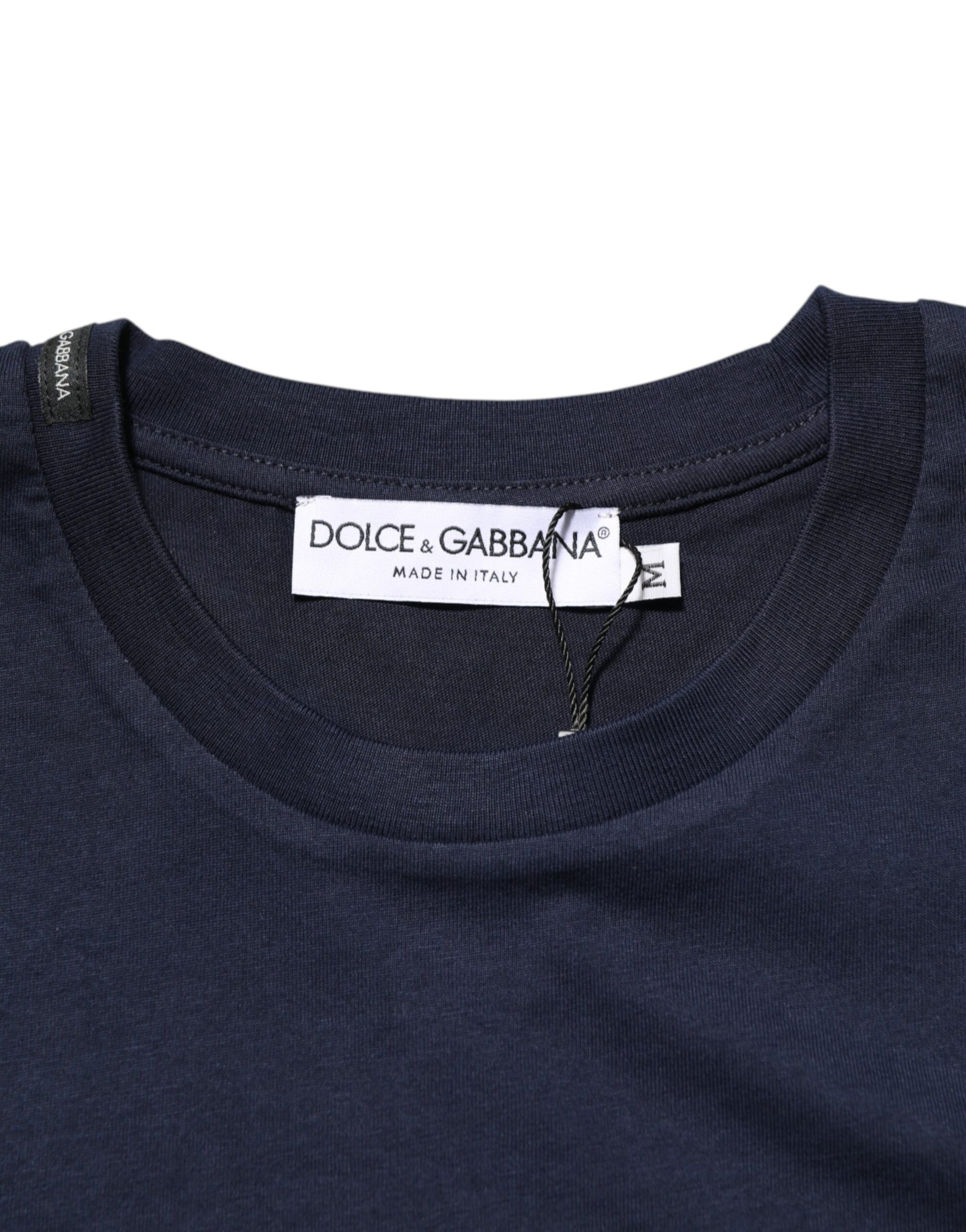 A dark blue men's t-shirt with a logo print