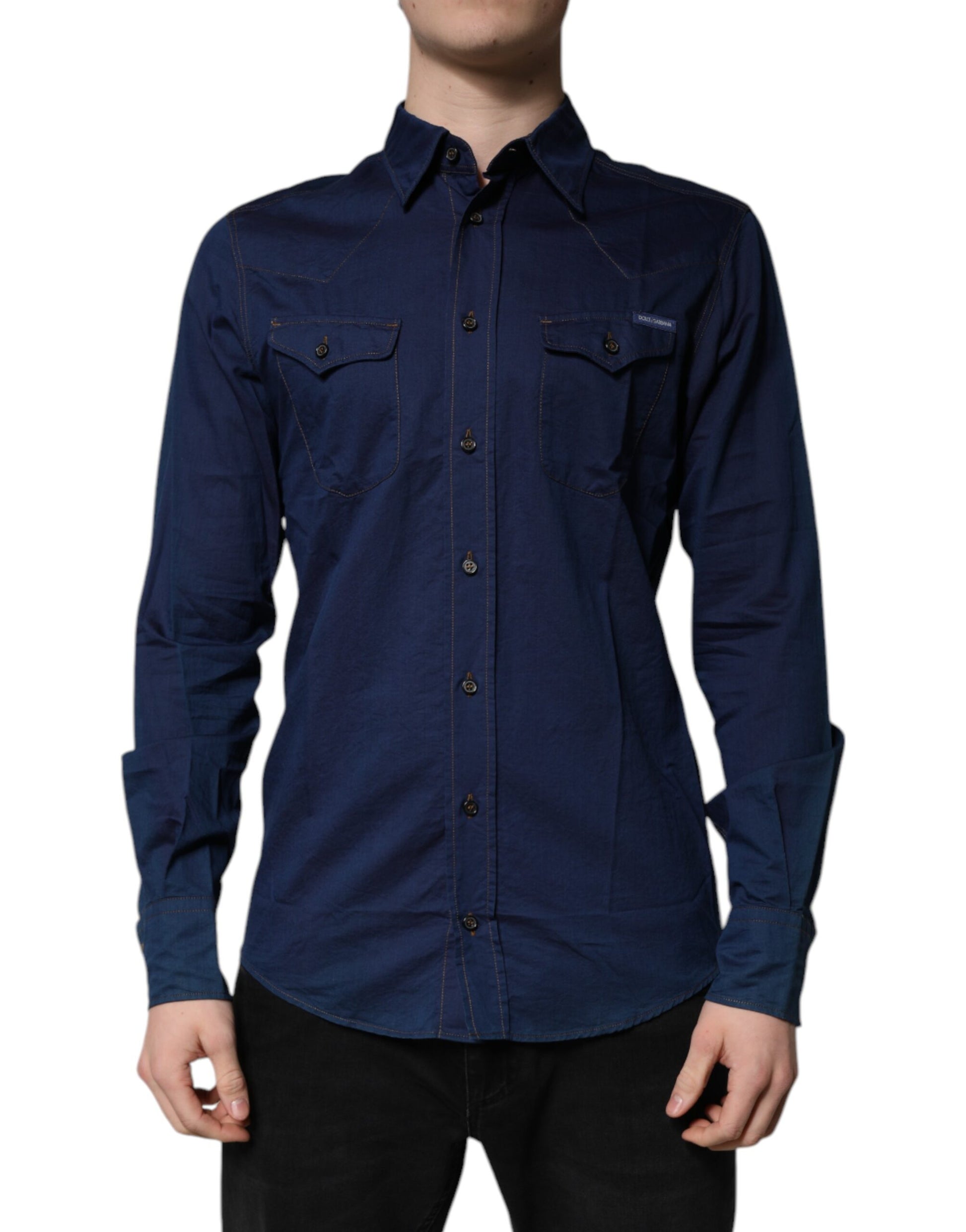 A dark blue cotton shirt with gold accents, featuring a collar and button-up front