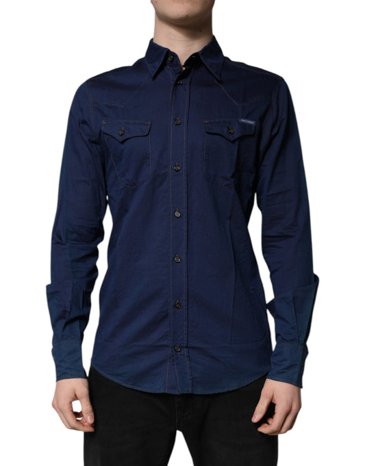 A dark blue cotton shirt with gold accents, featuring a collar and button-up front