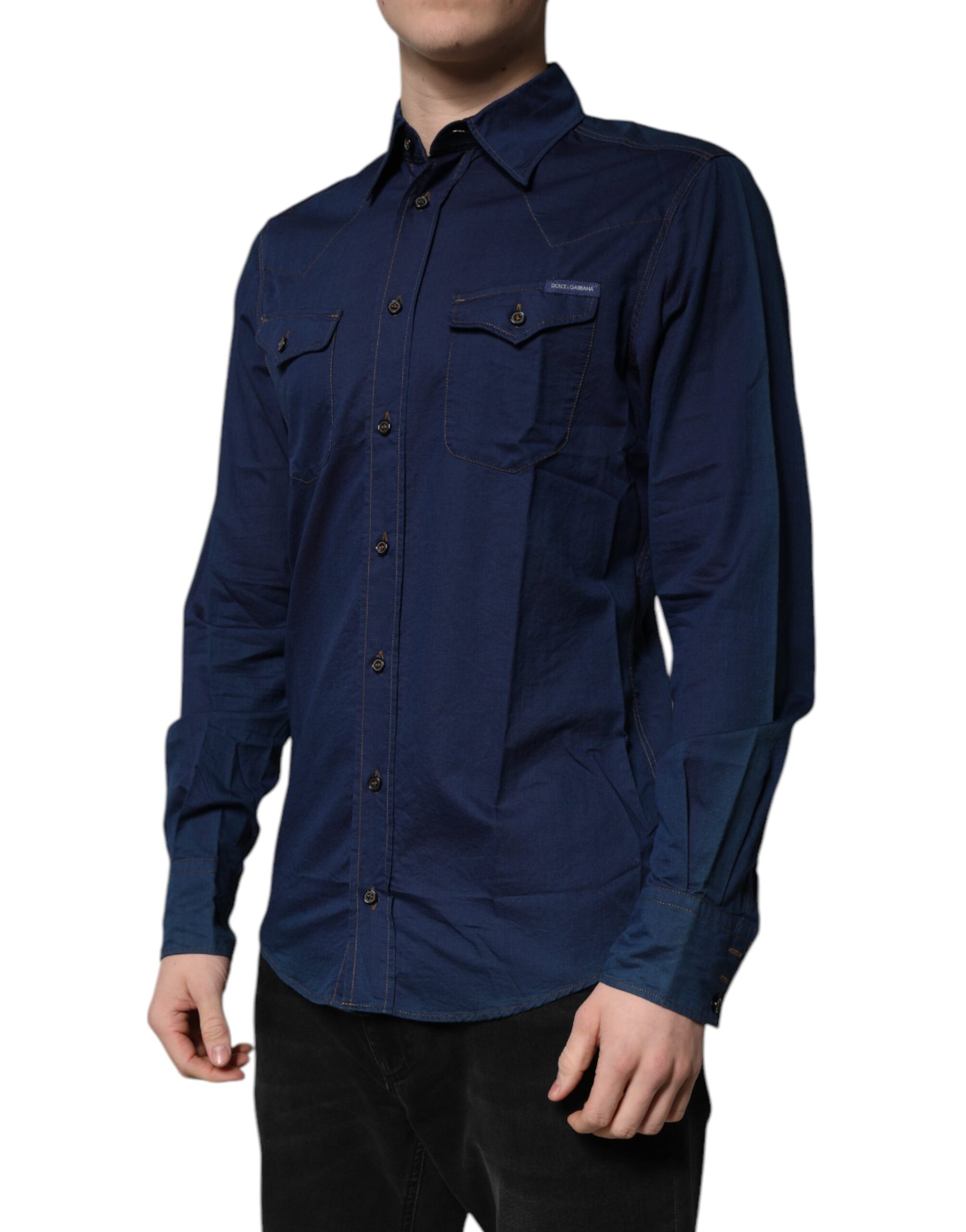 A dark blue cotton dress shirt with gold accents, part of the formal wear collection by Dolce & Gabbana