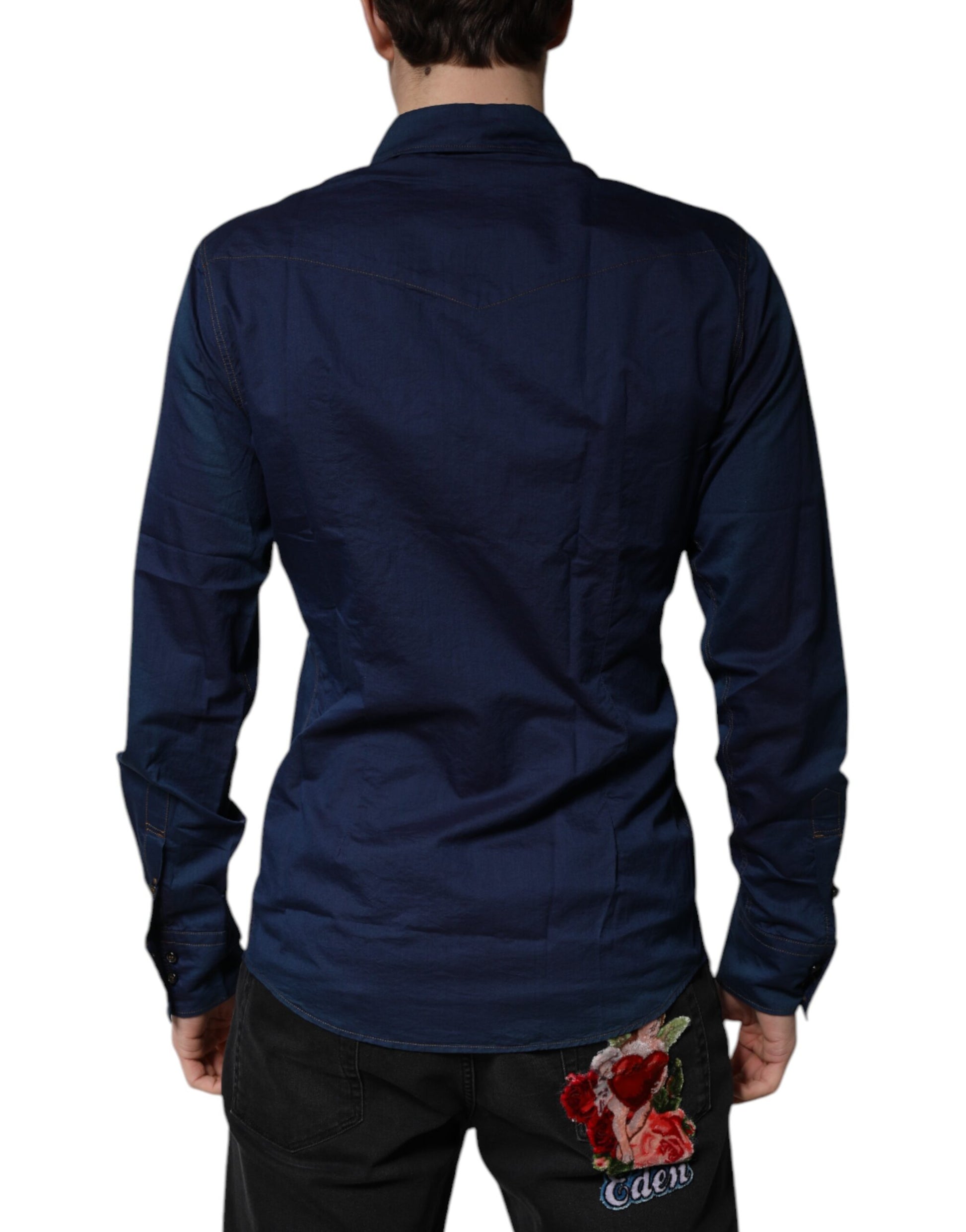 A dark blue cotton dress shirt with gold accents, featuring a floral embroidered detail on the back