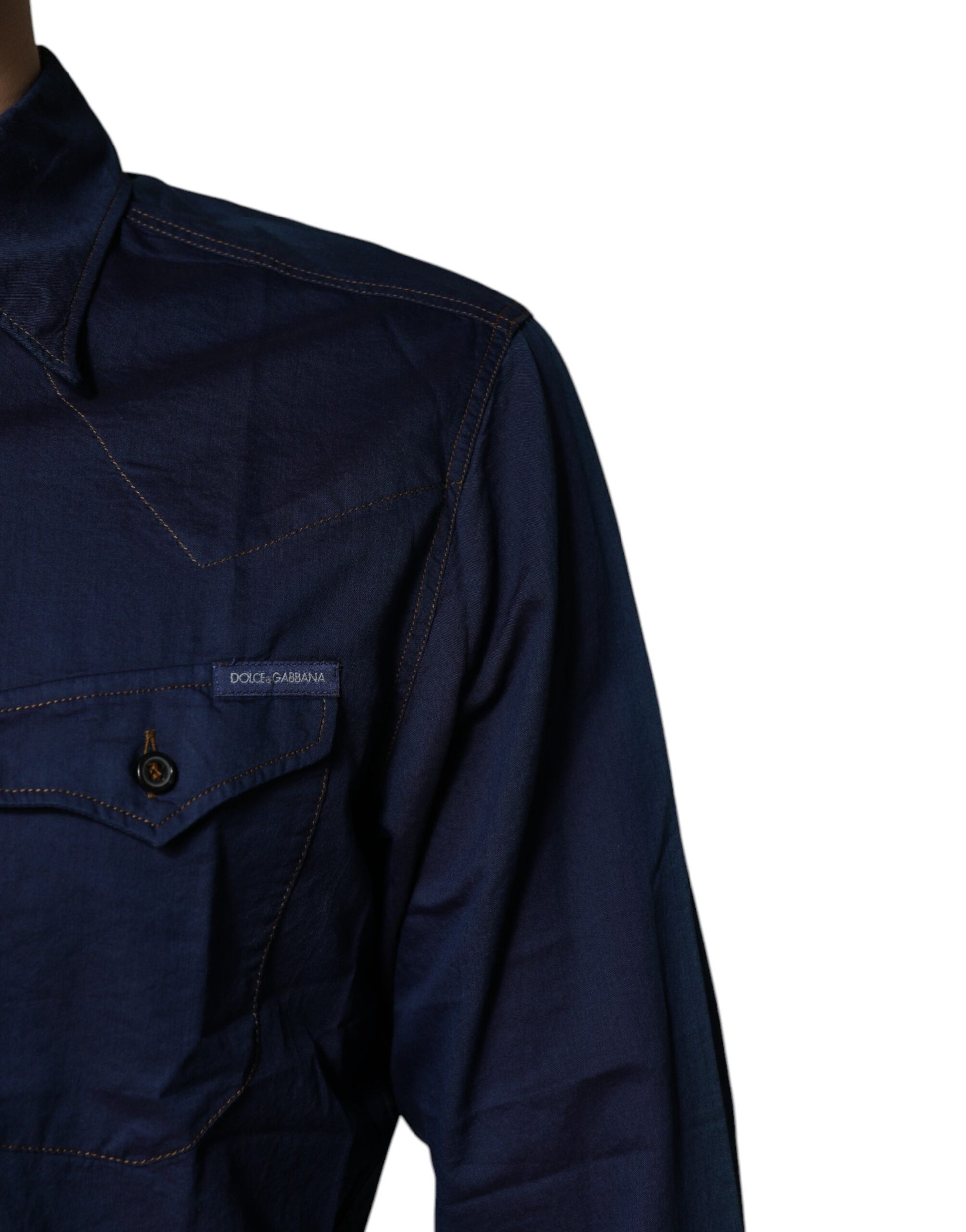A dark blue cotton shirt with gold accents, featuring a collar and button-up front