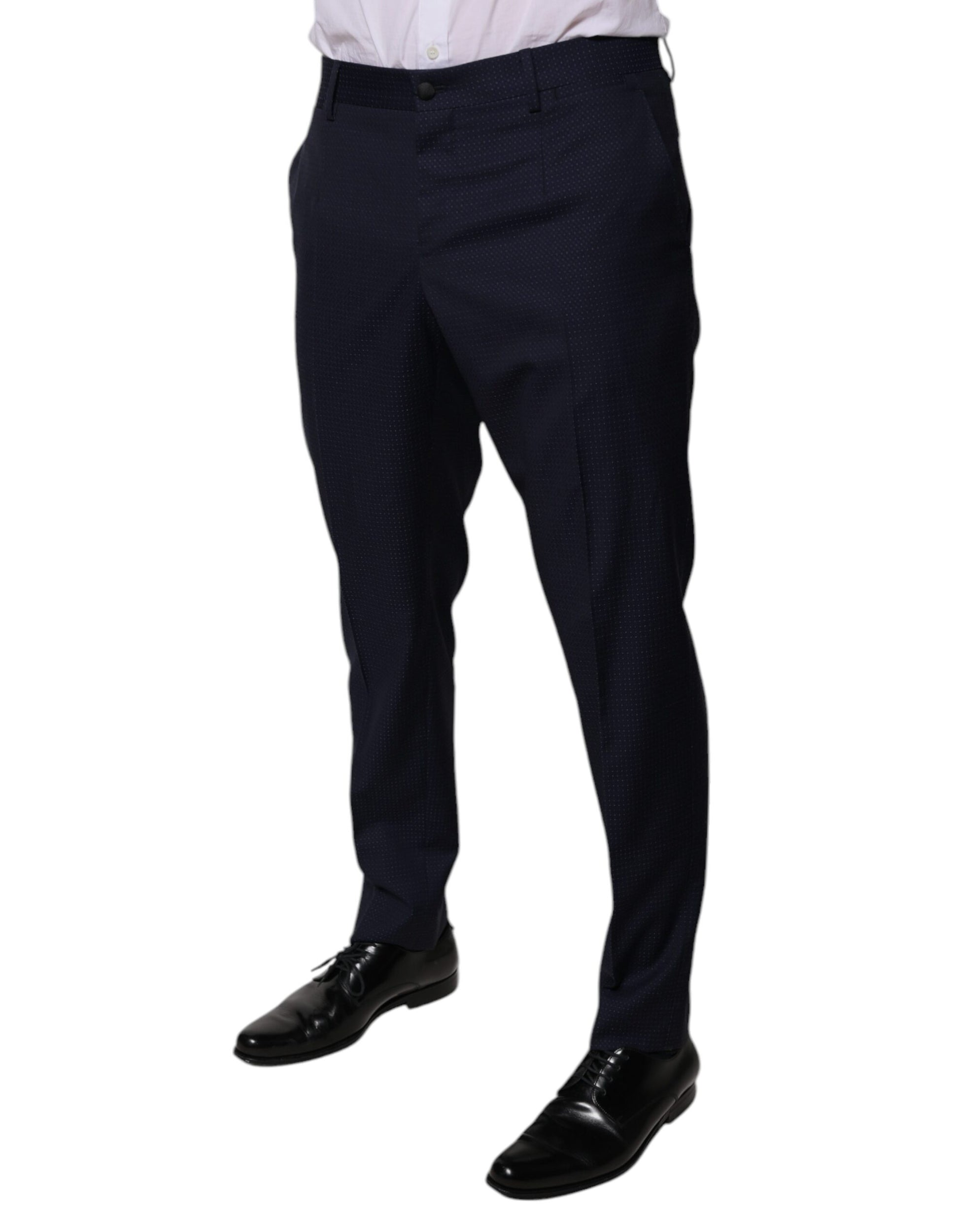 Man wearing dark blue suit pants with white dots