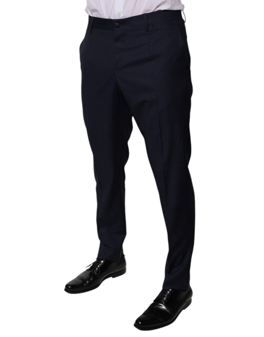 Man wearing dark blue suit pants with white dots
