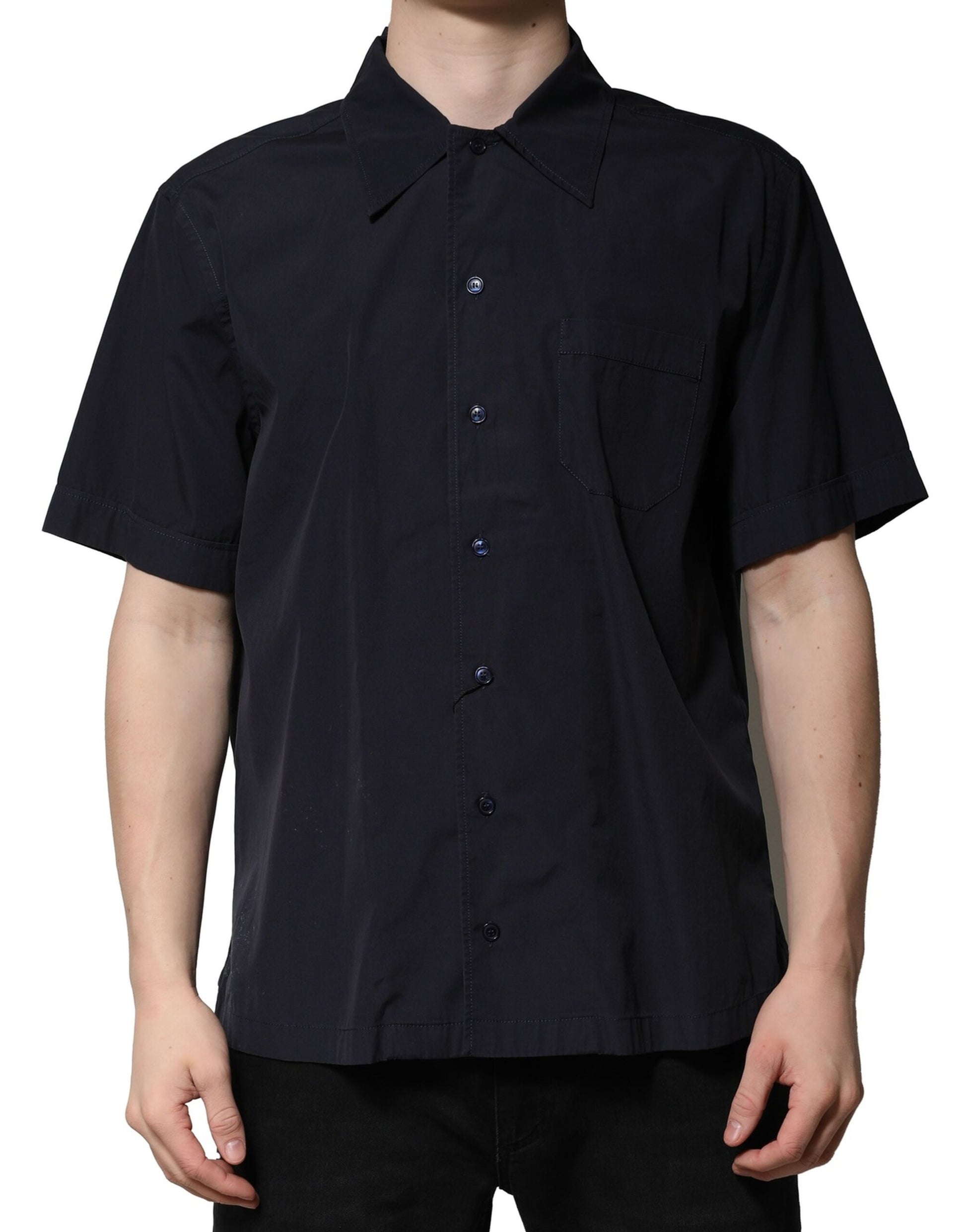Dark blue short sleeve shirt with buttons down front